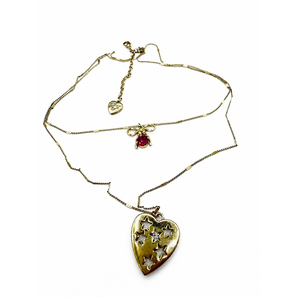 Vintage Betsey Johnson Whimsical Layered Necklace Pink Rhinestone Bow Star Heart - Picture 3 of 4
